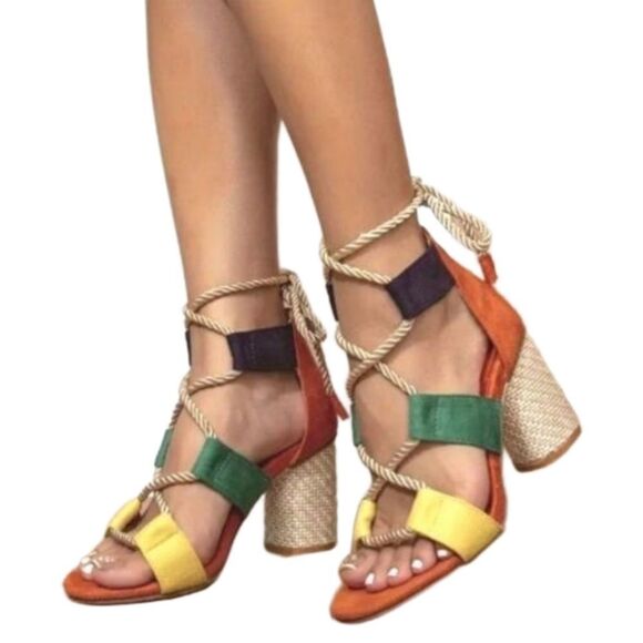 Boho colorful open toe heels sz 8.5 - Picture 1 of 7